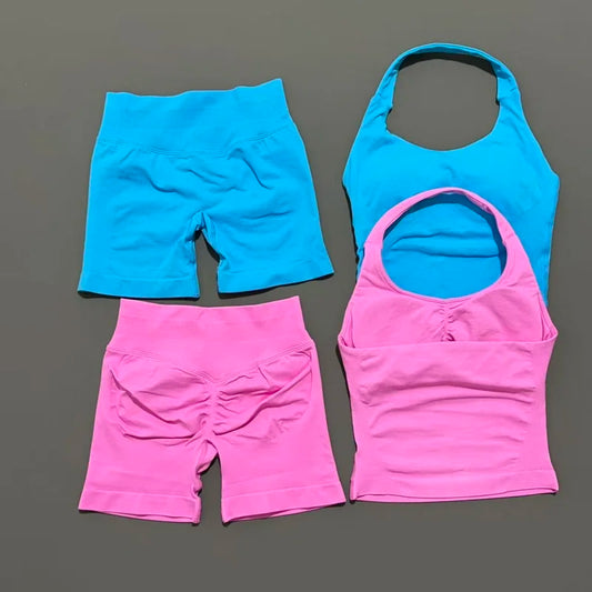 2 Pcs HISTELLO Halter Top Strappy Bra Shorts Set Women Yoga Workout Clothes Seamless Vest Hip-Lifting Sports Leggings Gym Suit