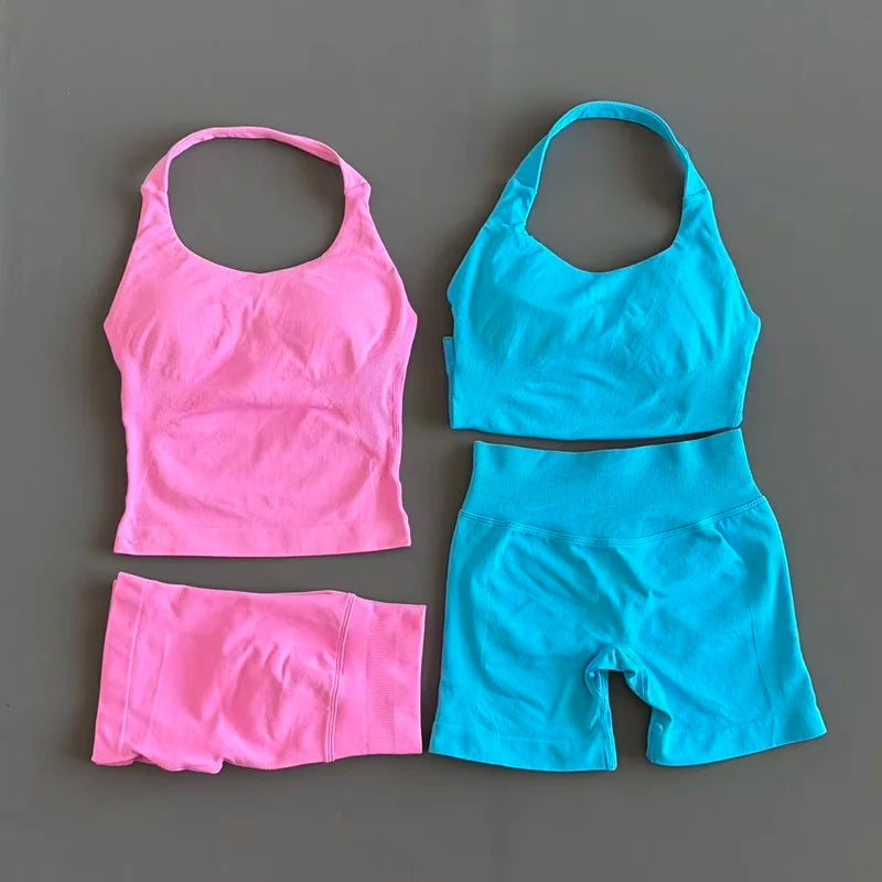 Women's Halter Top & Shorts Set - Seamless Yoga Workout Suit