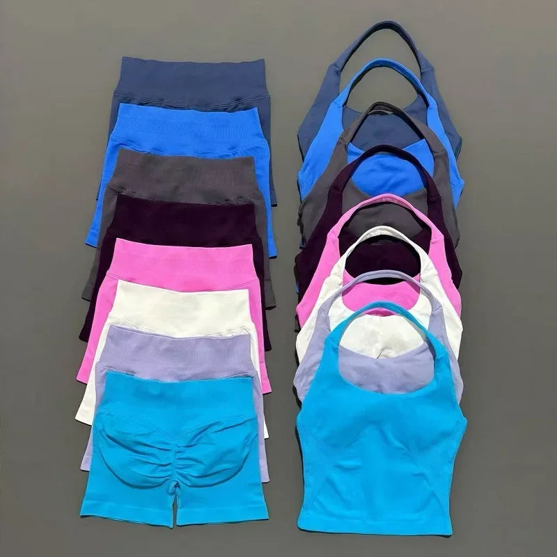 Women's Halter Top & Shorts Set - Seamless Yoga Workout Suit