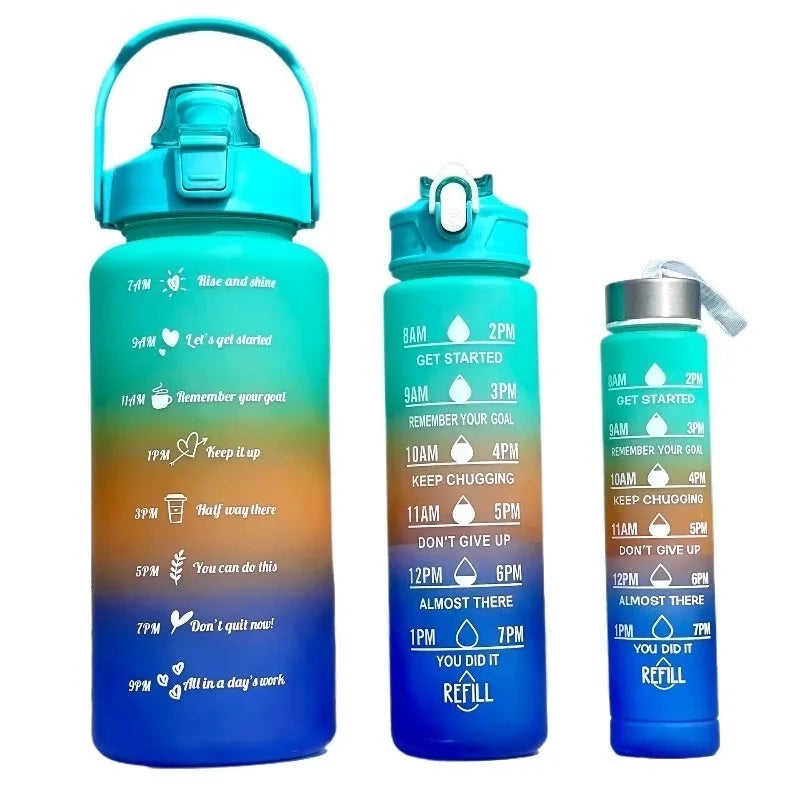 Sports Water Bottles Set - 3 Piece Gradient Leakproof Bottles with Straw