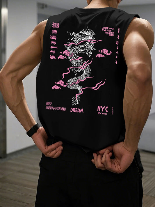 Men's Dragon Print Tank Top - Breathable Sleeveless Fitness Shirt