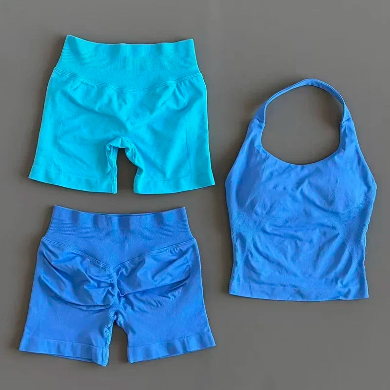 Women's Halter Top & Shorts Set - Seamless Yoga Workout Suit