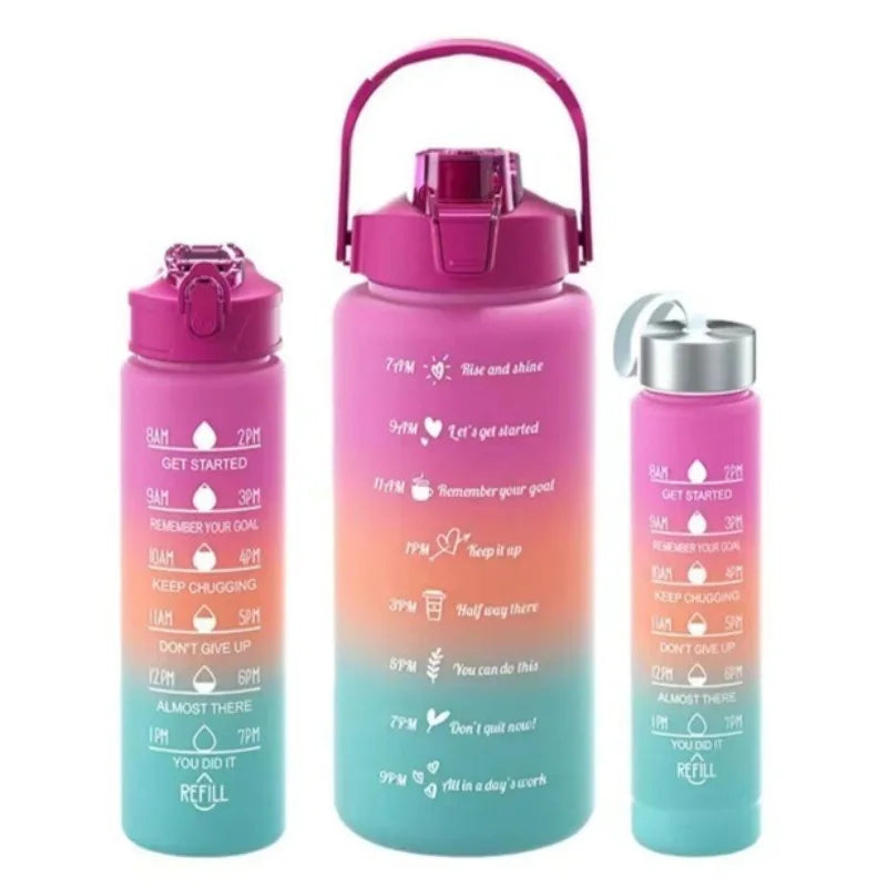 Sports Water Bottles Set - 3 Piece Gradient Leakproof Bottles with Straw