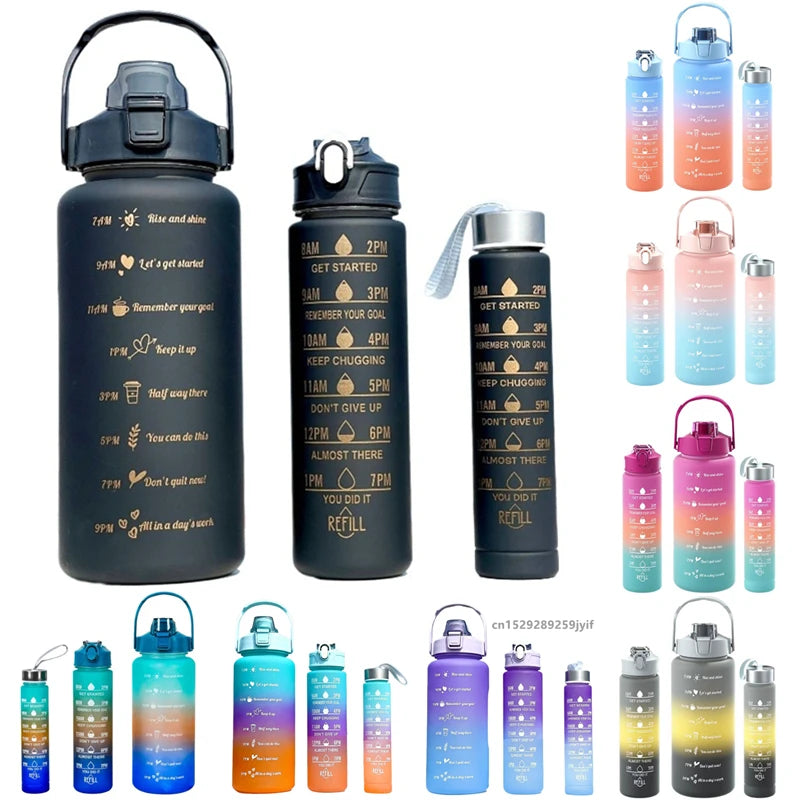 Sports Water Bottles Set - 3 Piece Gradient Leakproof Bottles with Straw