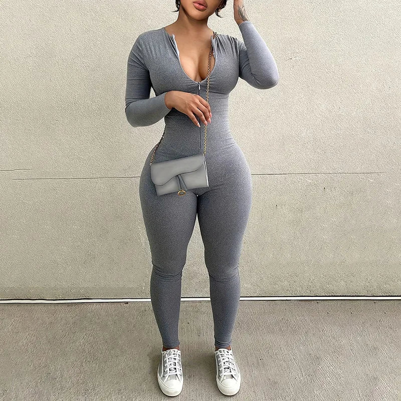 Women's Bodycon Jumpsuit - Long Sleeve Zipper Sports Overall