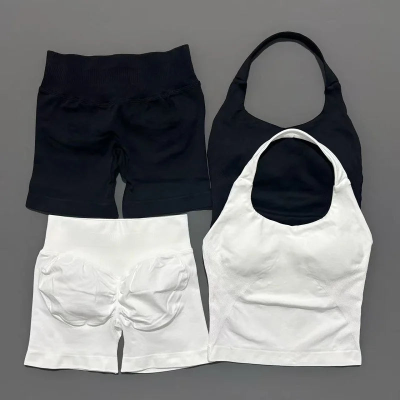 Women's Halter Top & Shorts Set - Seamless Yoga Workout Suit
