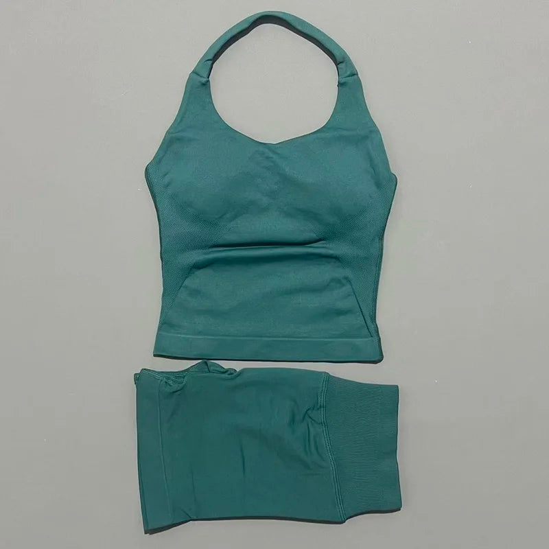 Women's Halter Top & Shorts Set - Seamless Yoga Workout Suit