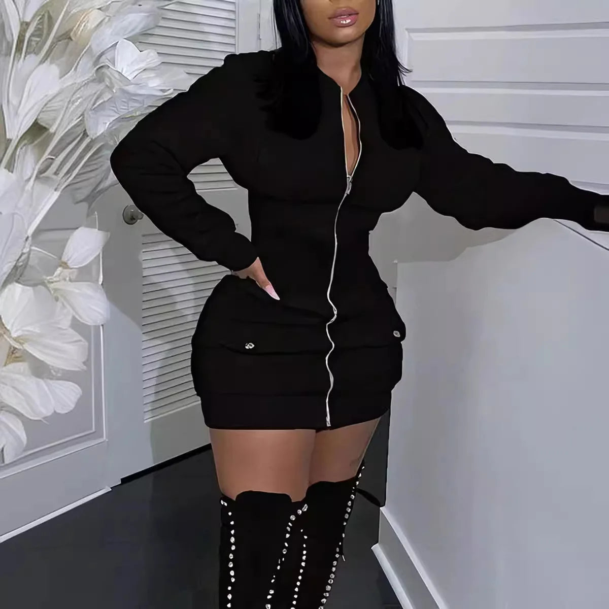 Women's Zipper Mini Dress - Long Sleeve Bodycon Black Dress