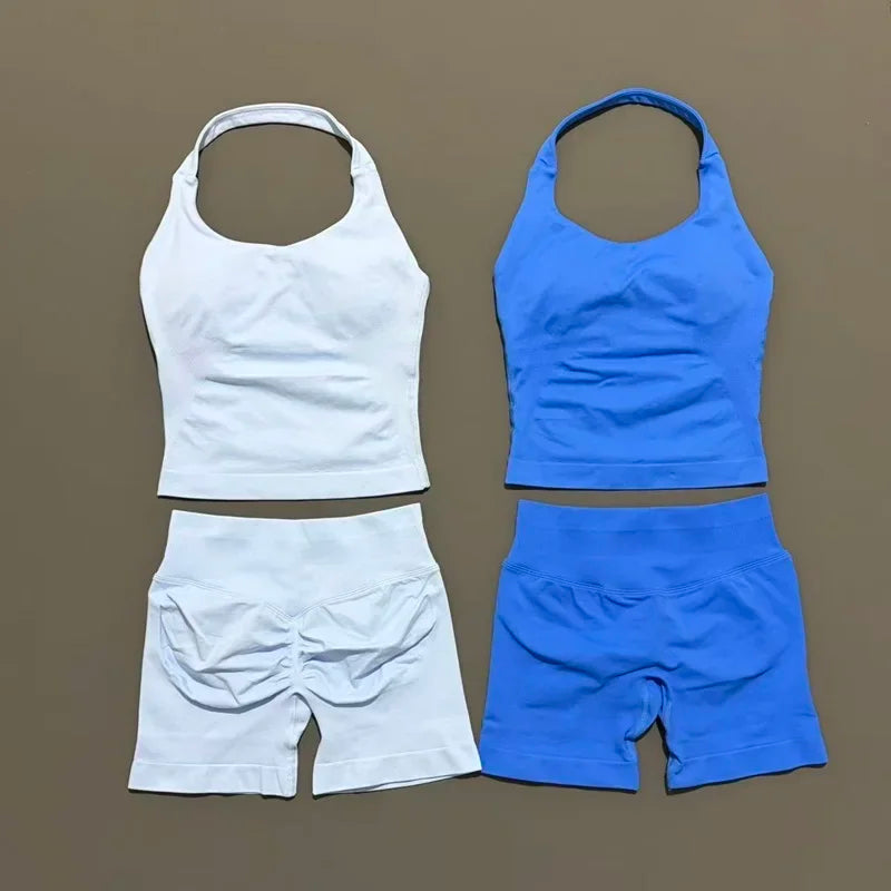 Women's Halter Top & Shorts Set - Seamless Yoga Workout Suit