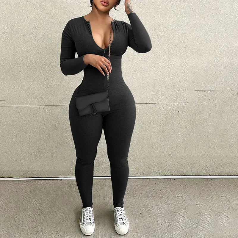 Women's Bodycon Jumpsuit - Long Sleeve Zipper Sports Overall