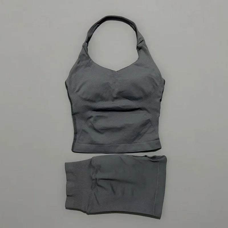 Women's Halter Top & Shorts Set - Seamless Yoga Workout Suit