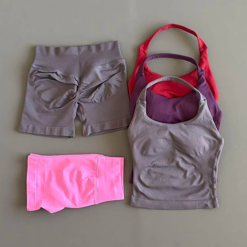 Women's Halter Top & Shorts Set - Seamless Yoga Workout Suit