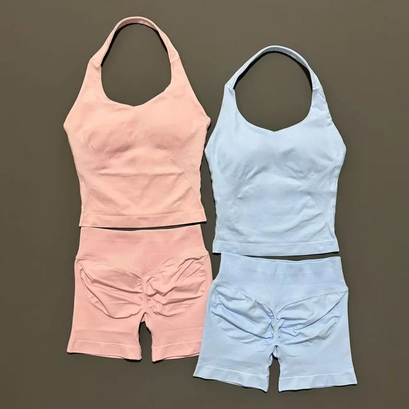 Women's Halter Top & Shorts Set - Seamless Yoga Workout Suit