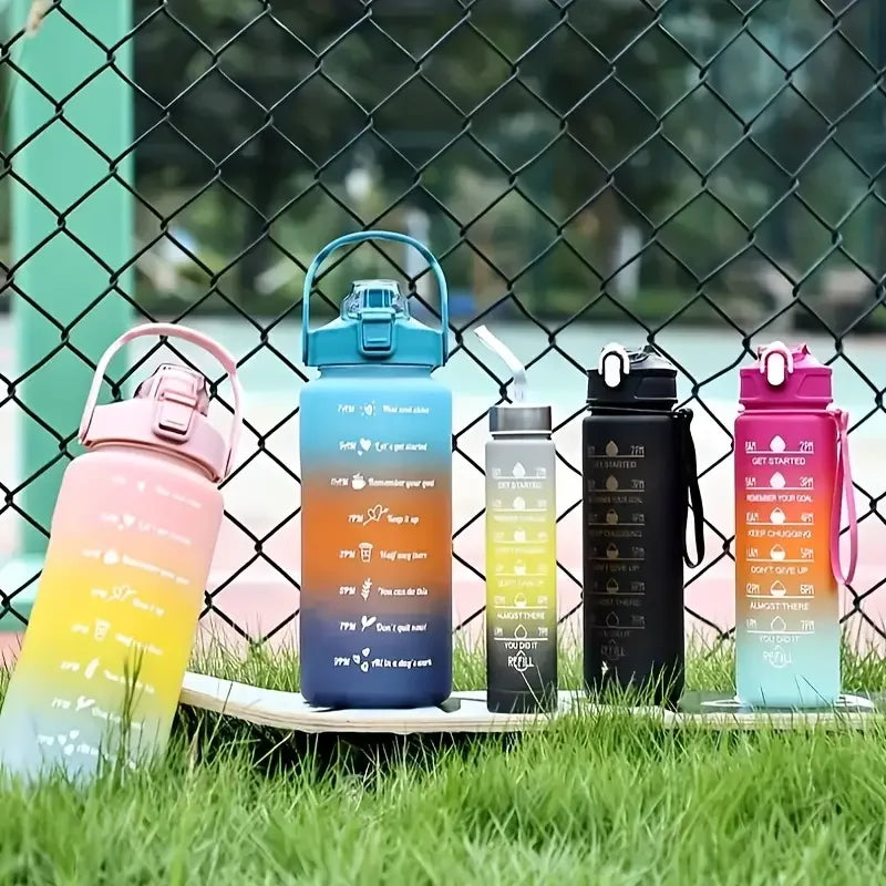 Sports Water Bottles Set - 3 Piece Gradient Leakproof Bottles with Straw