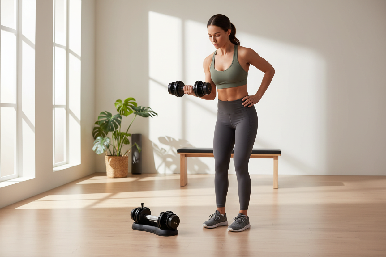 Premium lifestyle shot of cast iron adjustable dumbbells in modern home gym